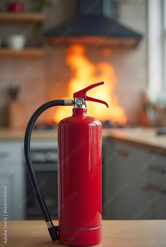 Naklejka premium A red fire extinguisher stands prominently in the foreground, sharply focused, while flames erupt from a stove