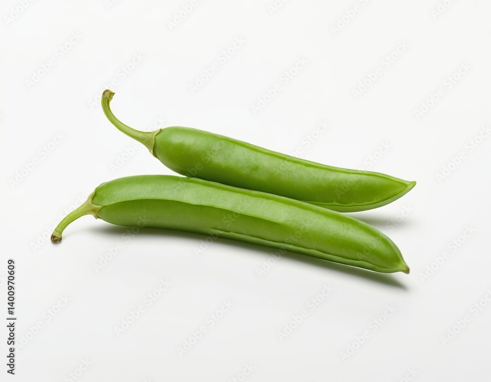 Two fresh, vibrant green sugar snap peas on a clean white background. Two fresh, vibrant green sugar snap peas on a clean white background.