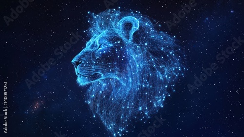 A Blue Futuristic Representation Of A Lion Against the Cosmos