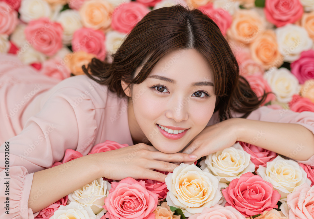 バラに囲まれた笑顔の女性ポートレート バラに囲まれた笑顔の女性ポートレート