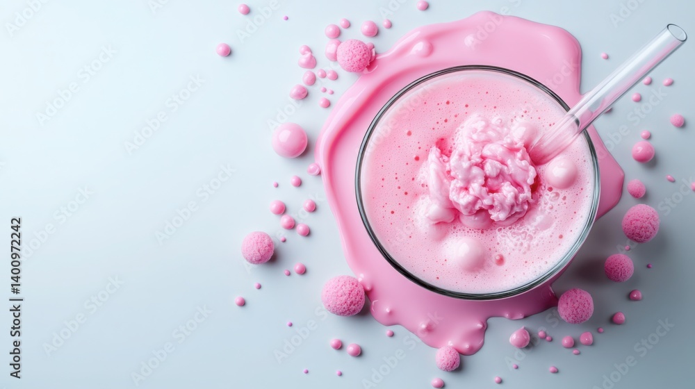Bright pink protein shake with foam and bubbles in glass bowl with straw on blue background. Creative healthy nutrition concept. Copy space Bright pink protein shake with foam and bubbles in glass bowl with straw on blue background. Creative healthy nutrition concept. Copy space