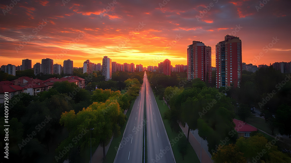 Vibrant Orange Sunset over Urban Cityscape with Buildings Trees and Road Creating a Serene Evening Scene