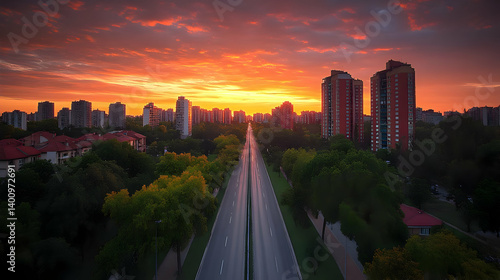 Vibrant Orange Sunset over Urban Cityscape with Buildings Trees and Road Creating a Serene Evening Scene