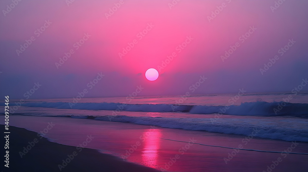 Vibrant Pink Sunset Over Ocean Waves with Reflections on Wet Sand Beach Landscape in Evening Atmospheric Light