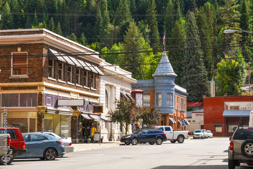 Naklejka premium The picturesque Center of the Universe corner at the historic mining town of Wallace, Idaho.