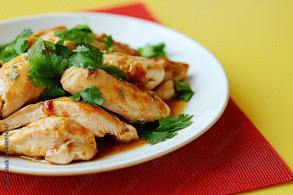 Sliced chicken breast with cilantro garnish on a white plate. Sliced chicken breast with cilantro garnish on a white plate.