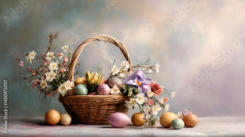 easter eggs festive decorations. Easter Basket Filled With Delightful Spring Flowers And Decorated Eggs A Celebration Of Renewal.