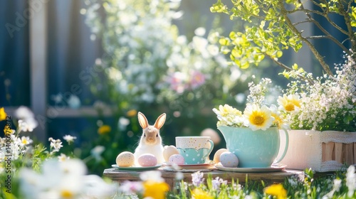easter eggs festive decorations. Easter Bunny Figurine with Eggs and Tea Cup Displayed in a Sunny Garden Setting Composition.