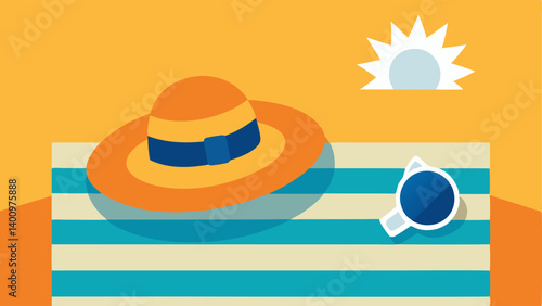 Sun Protection A sun hat sunglasses and sunblock p on a beach towel illustrating the importance of sun protection in preventing premature aging.