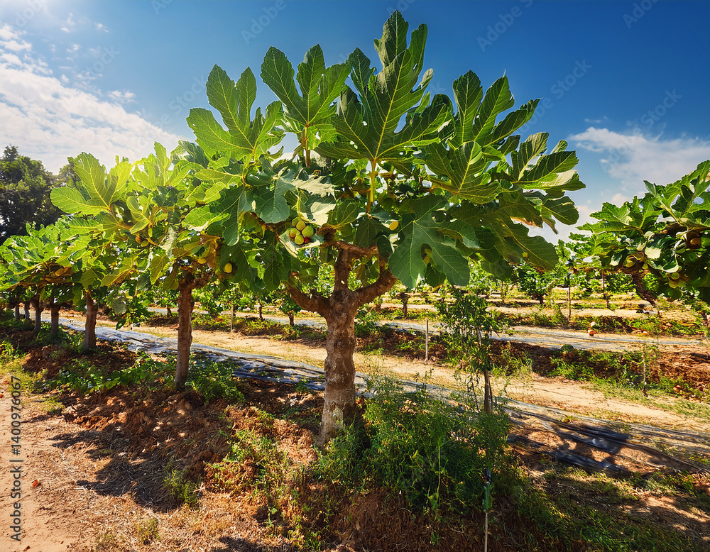 Lush fig trees with ripe fruit grow in a garden, representing the island's fertile land and the sweet bounty of the Mediterranean. Lush fig trees with ripe fruit grow in a garden, representing the island's fertile land and the sweet bounty of the Mediterranean.