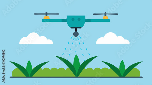 Irrigation Drone A drone is hovering over a crop field with a nozzle spraying a fine mist of water on the plants showcasing an automatic watering system.