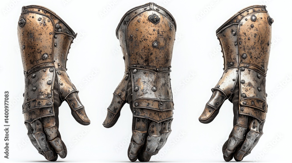 Medieval warrior gauntlets, detailed view of hand protection. Aged bronze/copper metal plating, forged details, various rivets and studs