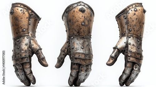 Obraz na płótnie Medieval warrior gauntlets, detailed view of hand protection. Aged bronze/copper metal plating, forged details, various rivets and studs w salonie