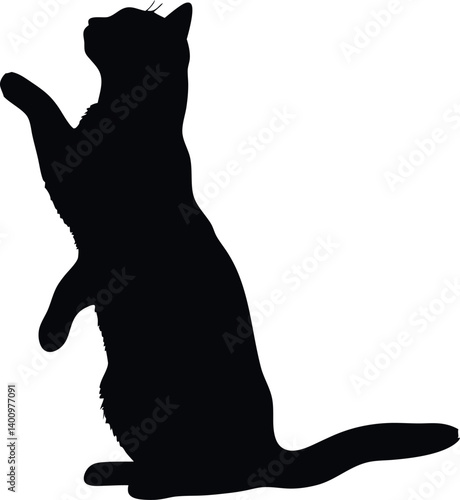 Silhouette Of Cat Standing On Hind Legs Reaching Upwards Isolated On White Background