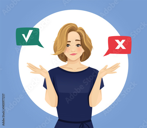 Thoughtful confused casual business blond woman gesture with hands making decision yes or no concept. Vector illustration blue background