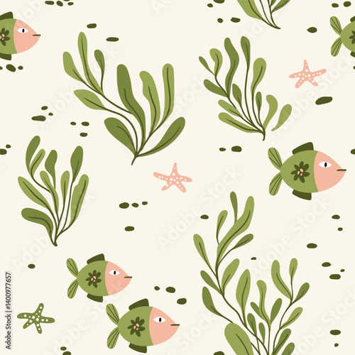 Folk hygge sea seamless pattern, fishes, seaweeds, corals, flowers and leaves scandinavian nordic style, ocean motives on background for wrapping, textile, digital and scrapbook paper