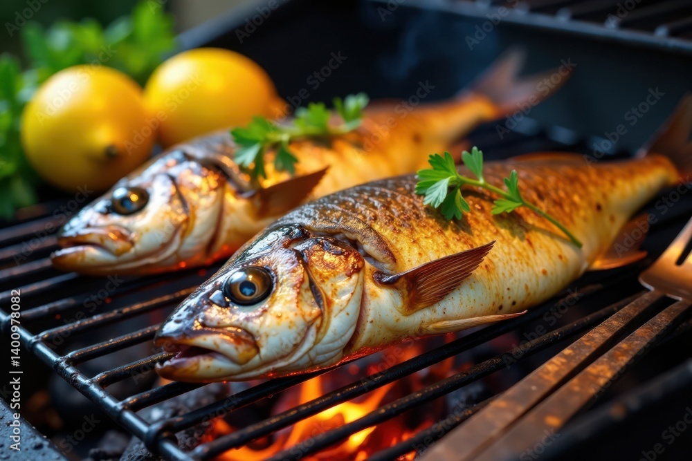 Grilled fish on grill with utensils and lemons , grill food, grill plate