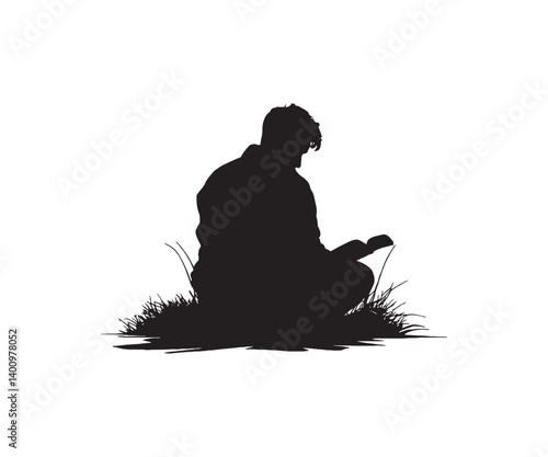 silhouette of a man sitting with reading book in the grass