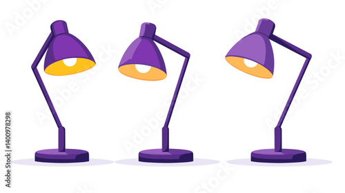 Three Purple Desk Lamps with Yellow Bulbs on White Background