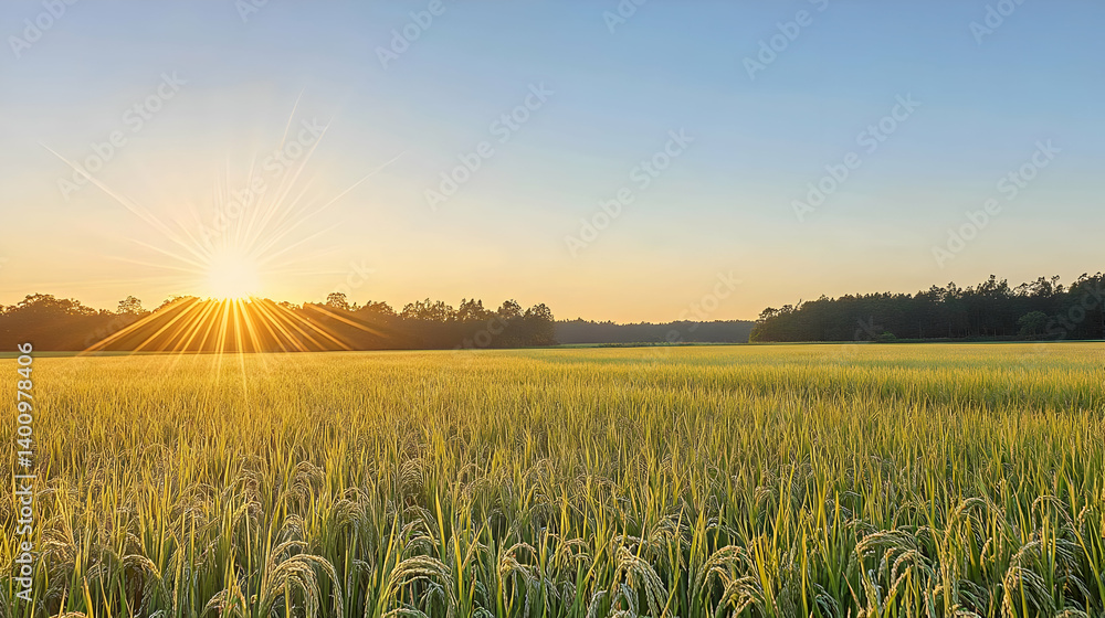 Vibrant Sunlight over Green Field at Sunrise in Rural Landscape with Lush Vegetation and Clear Blue Sky
