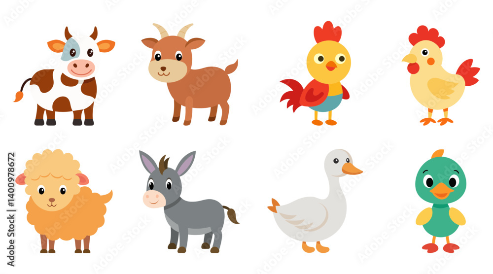 Fototapeta premium Farm Animals Vector Bundle – Cow, Goat, Sheep, Donkey, Chicken, Rooster, Goose and Duck Illustration in Cartoon Style. Domestic Animal Collection for Kids Coloring Book. Rural Life, Pet Clipart.