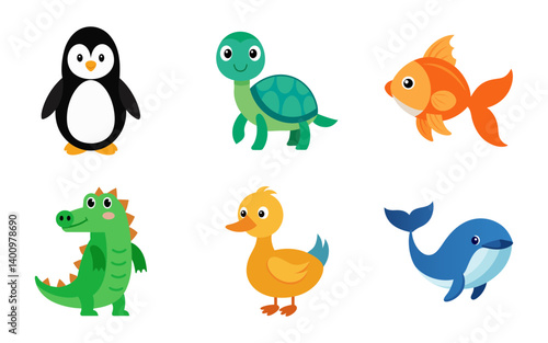 Baby Toy Animal Vector Bundle – Cute Cartoon Style Penguin, Turtle, Goldfish, Crocodile, Duck and Whale Illustration. Playful and Adorable Animal Toy Set for Kids. Fun Nursery Art and Design.