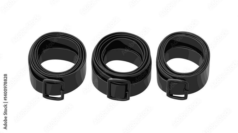 Obraz premium Three Rolled Black Belts with Buckles on White Background