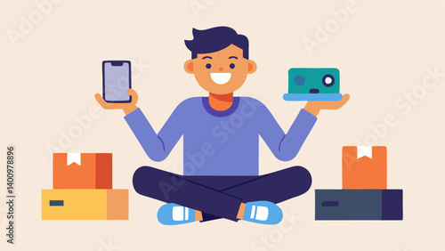 Happy Shopper A joyful shopper sitting on the floor surrounded by od boxes with a big smile while holding up a new gadget such as a gaming console or smartphone.