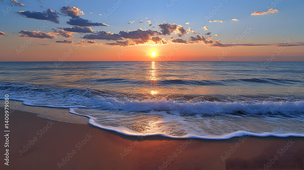 Vibrant Sunset Over Calm Ocean Waves on a Sandy Beach Featuring Orange and Yellow Sky with Gentle Clouds in a Peaceful Scenery