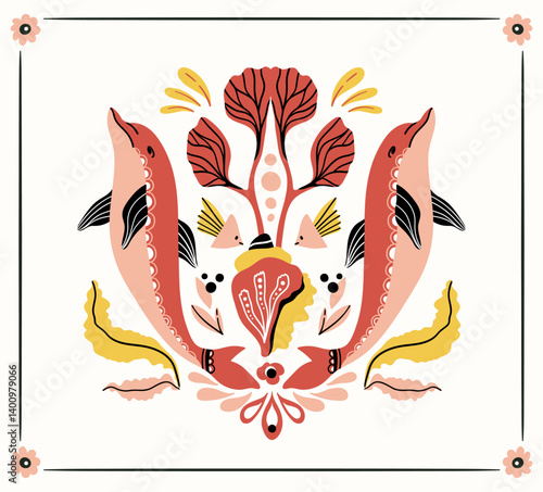 Folk hygge ready to use vector ocean print in Scandinavian style, folkloric isolated design on white. Composition with classic ethnic elements. Scandi folk motifs - sea animals, fishes and flowers
