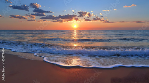 Obraz na płótnie Vibrant Sunset Over Calm Ocean Waves on a Sandy Beach Featuring Orange and Yellow Sky with Gentle Clouds in a Peaceful Scenery w salonie