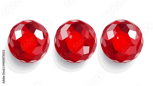 Three Shiny Red Rubies on White Background