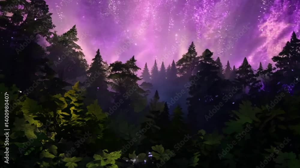 Purple Night Sky Over Glowing Forest