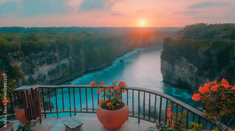 Vibrant Sunset Over River Viewed From Terrace with Red Flowers and Forest Landscape and Clear Sky in Warm Light