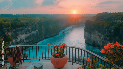 Obraz na płótnie Vibrant Sunset Over River Viewed From Terrace with Red Flowers and Forest Landscape and Clear Sky in Warm Light w salonie