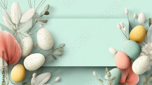easter eggs festive decorations. Festive Easter Eggs and Floral Frame Celebration with Pastel Green Background for Holiday Greetings.