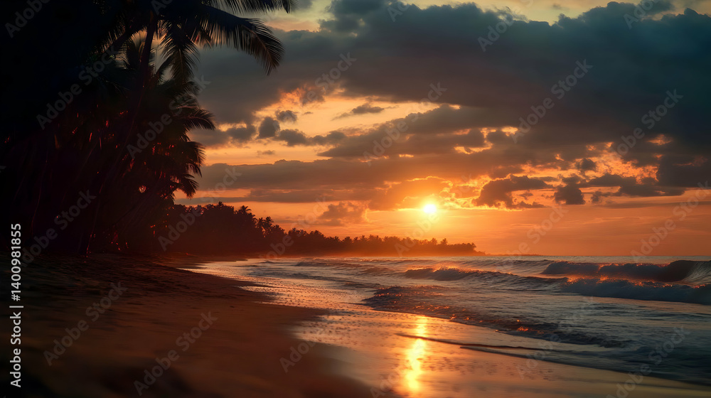 Vibrant Sunset Over Tropical Beach with Silhouetted Palm Trees and Golden Waves Reflecting Sunlight in Coastal Paradise