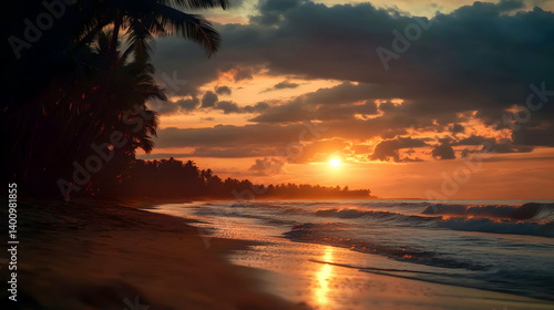 Obraz na płótnie Vibrant Sunset Over Tropical Beach with Silhouetted Palm Trees and Golden Waves Reflecting Sunlight in Coastal Paradise w salonie