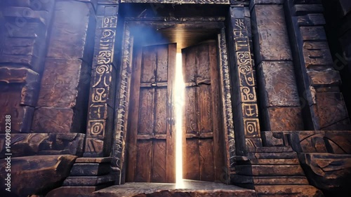 Massive wooden door opening with bright light, ancient stone architecture, carvings, and mysterious atmosphere, adventure and fantasy concept