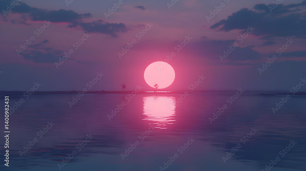Vibrant Sunset Reflecting on Calm Ocean Waters with Pink and Purple Sky and Clouds A Serene Coastal Evening Scene