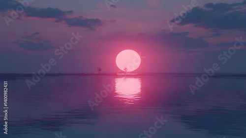 Obraz na płótnie Vibrant Sunset Reflecting on Calm Ocean Waters with Pink and Purple Sky and Clouds A Serene Coastal Evening Scene w salonie