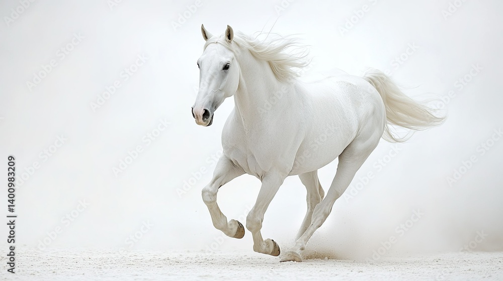 A white horse running on a completely white background. A white horse running on a completely white background.