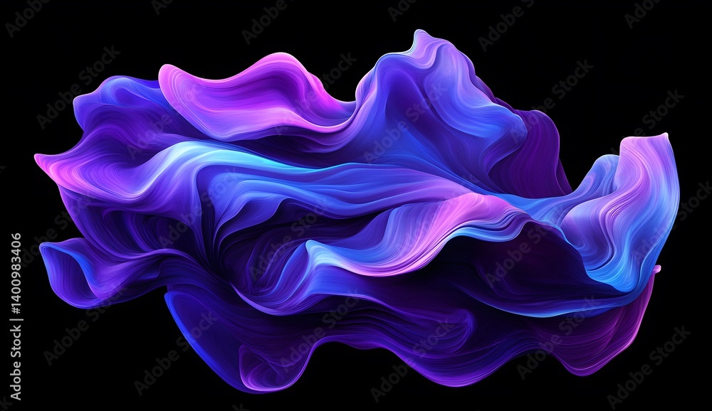 Purple and blue abstract, wavy shapes on a black background, 3D render, a beautiful composition, elegant and flowing Purple and blue abstract, wavy shapes on a black background, 3D render, a beautiful composition, elegant and flowing