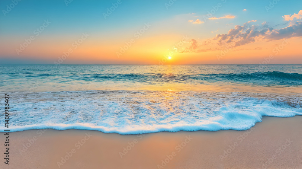 Vibrant Sunset Reflecting on Sandy Beach and Azure Ocean Waters with Gentle Waves in Tranquil Coastal Scenery and Golden Sky
