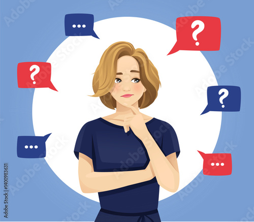 Portrait of casual business blond woman thinking making decision. Vector illustration blue background