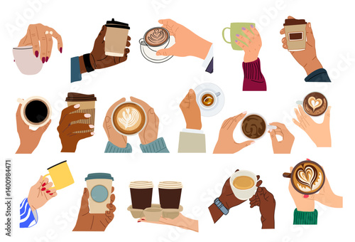 Set of different multiracial hands holding cups, mugs with coffee, cappuccino, latte, tea top, side view. Vector design for banner, card, invitation isolated on transparent background.