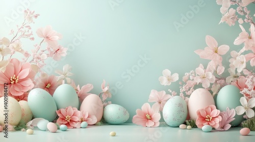 easter eggs festive decorations. Pastel Easter Eggs and Flowers Arrangement with Serene Soft Light Background Aesthetic Display.
