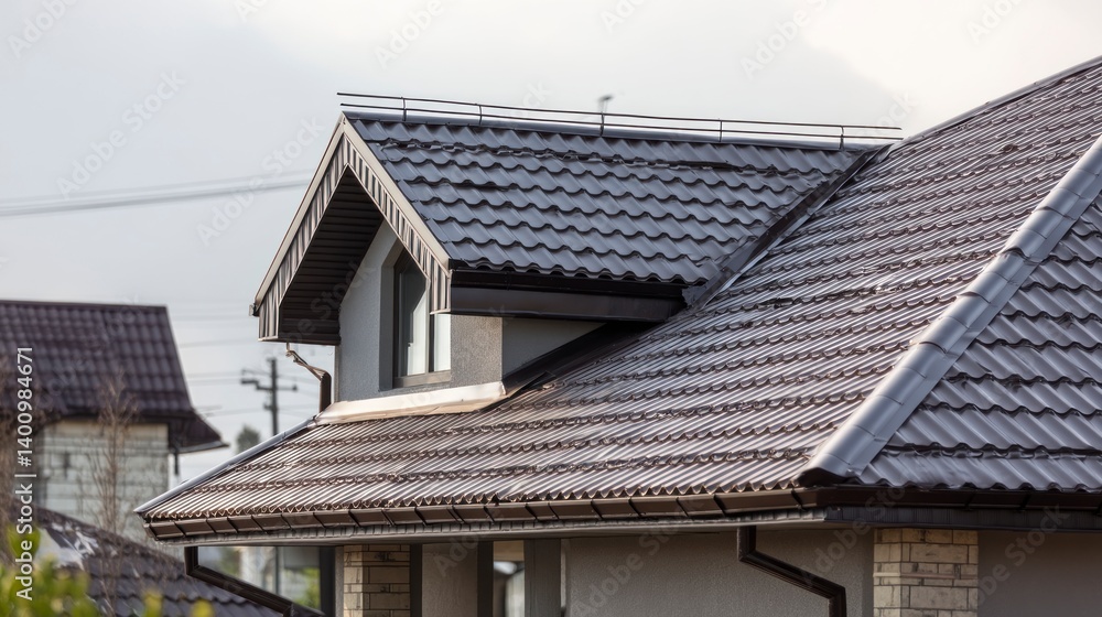 Inspecting Newly Installed Brown Metal Roofing System on Residential House Inspecting Newly Installed Brown Metal Roofing System on Residential House