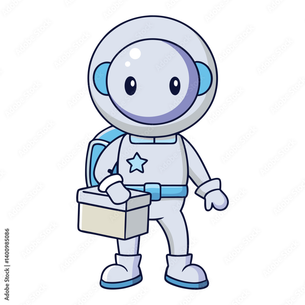 Obraz premium Cute Cartoon Astronaut Delivering Package Space Suit Character Holding Box for Delivery, Outer Space Logistics, or Sci-Fi Concepts