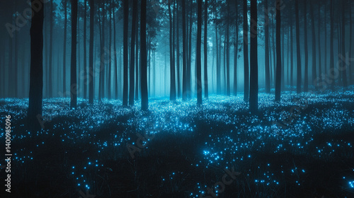 A mystical forest illuminated by bioluminescent flora at night.